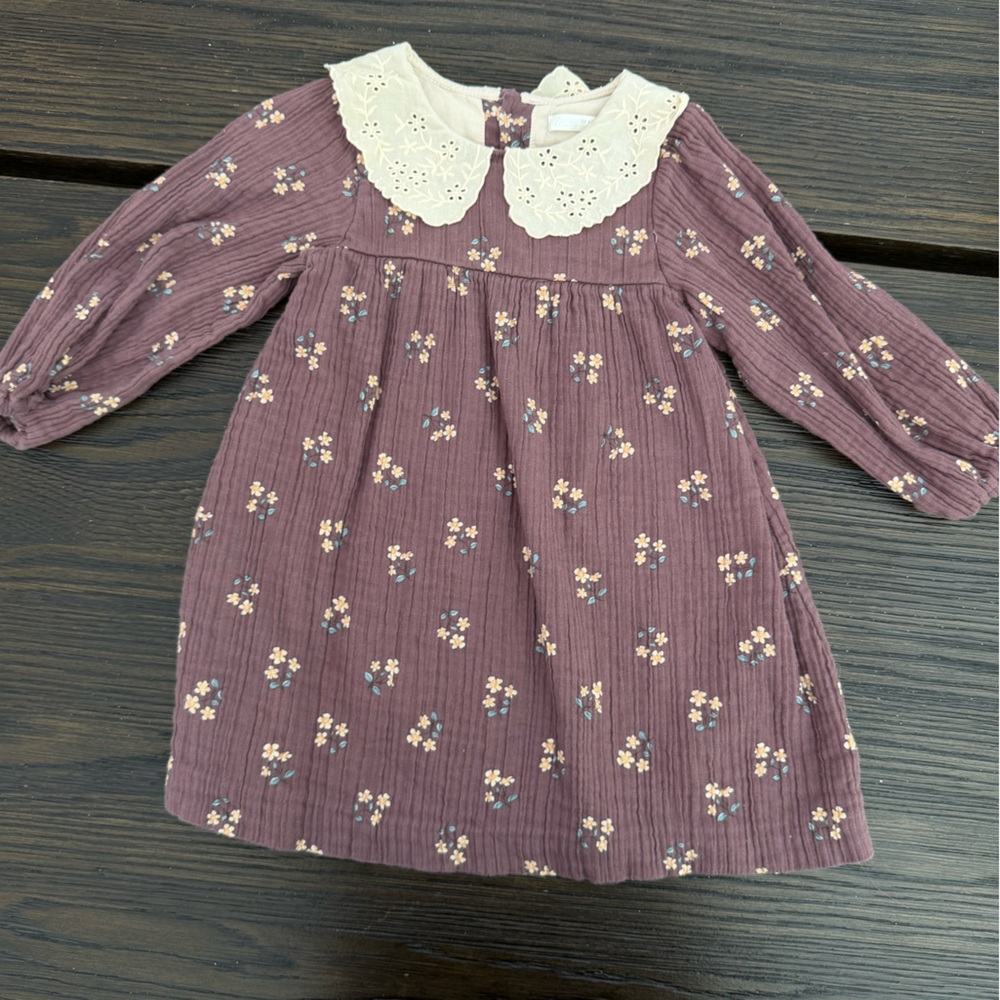 Zara Mauve Floral Dress with Cream Eyelet Collar